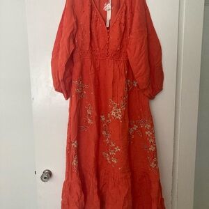 Anthropologie Orange Floral Embroidered Maxi Dress somerset